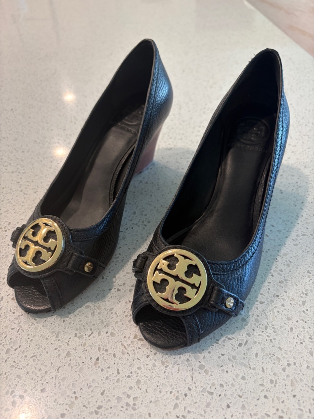 Tory Burch Black Peep-Toe Heels with Gold Logo Medallions